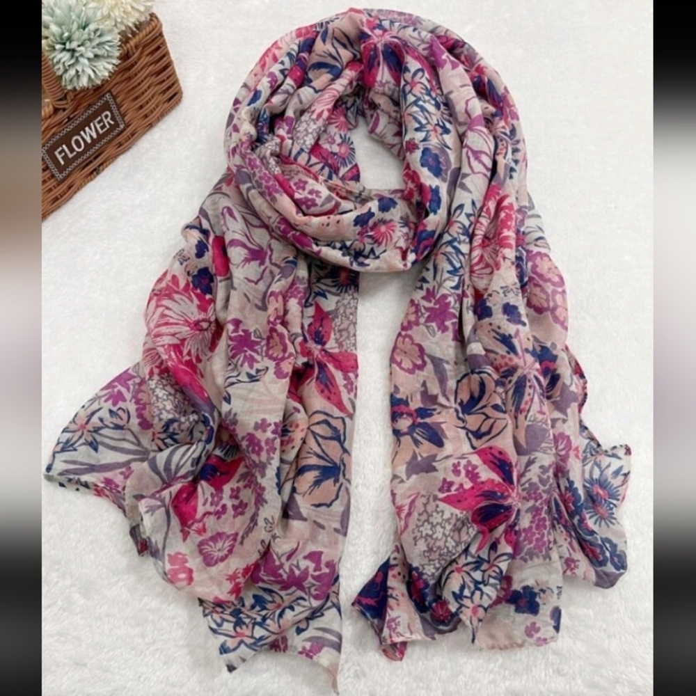 Floral Print Pink Blue Lightweight Long Scarf Cotton Blend